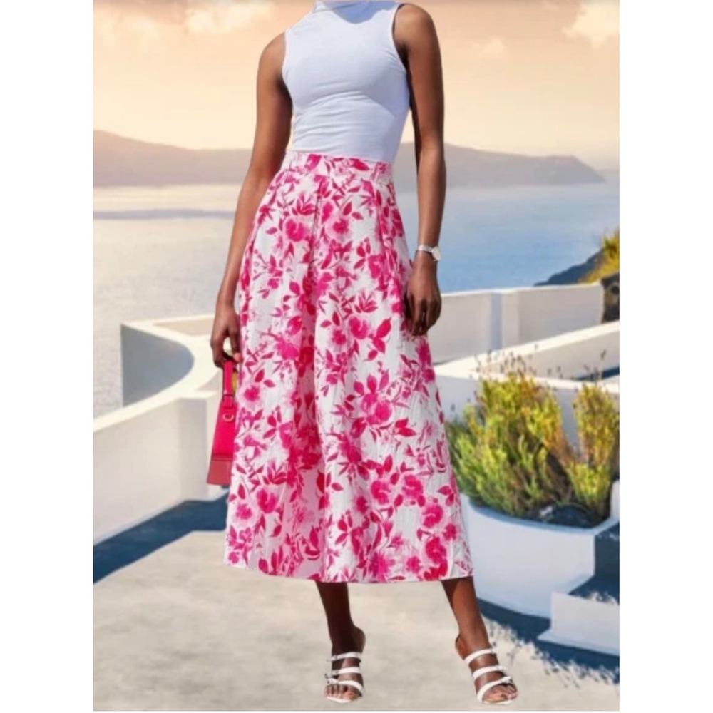 Zara‎ Floral Midi Skirt Women Pink White Barbiecore Pleated Pockets Cotton Large